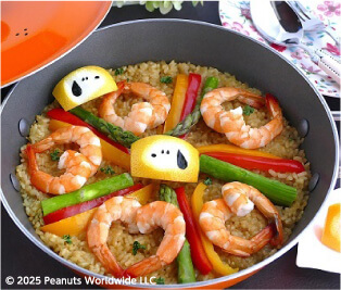 海老のバレンタインパエリアレモンにスヌーピーを描いて